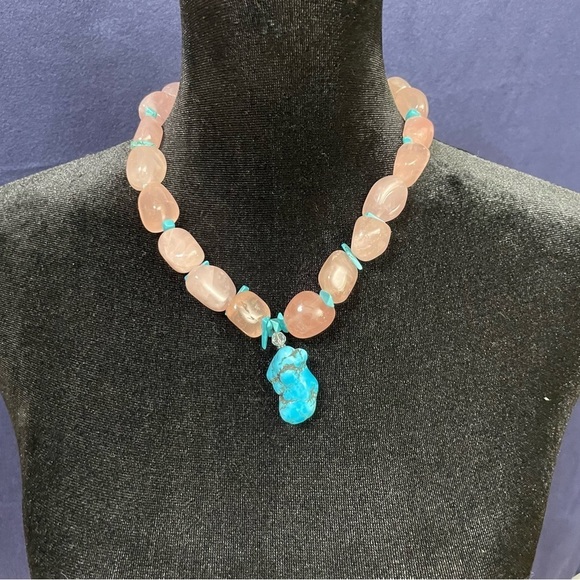 Sterling Silver Rose Quartz and Arizona Turquoise on a 8.5" ( 22cm) strand. - Picture 2 of 13